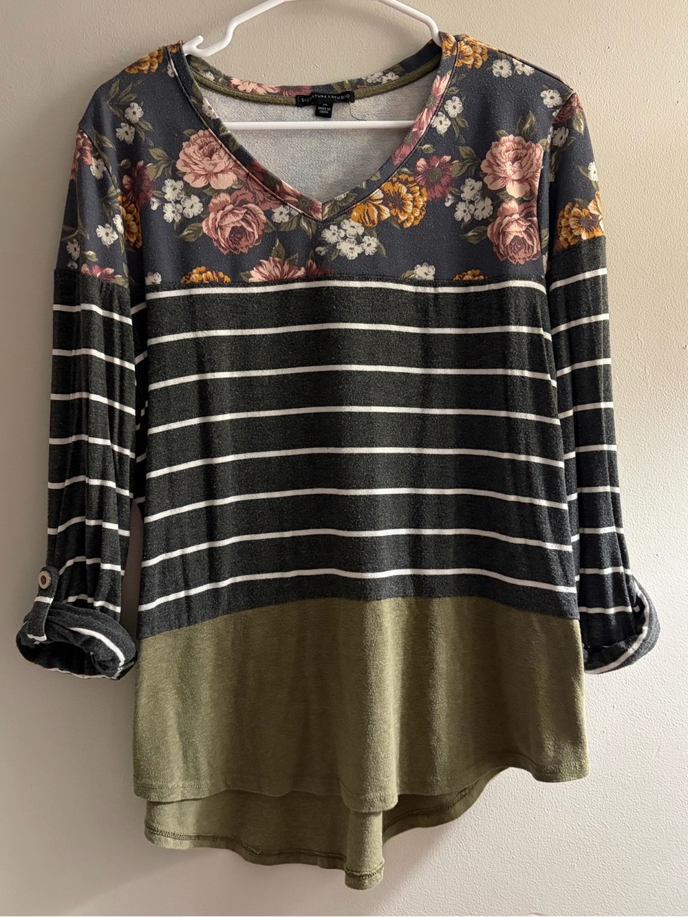 Signature Studio Floral & Stripe V-Neck Long Sleeve Top in Olive, Charcoal, Pink